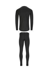 Black long-sleeve top and fitted leggings. Smooth texture with rounded neckline and elastic waistband featuring brand logo.