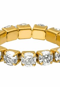 Gouden armband met afwisselende vierkante en ronde schakels, versierd met heldere, facetten geslepen stenen die in klauwzettingen zijn vastgezet, wat een uniforme uitstraling creëert.