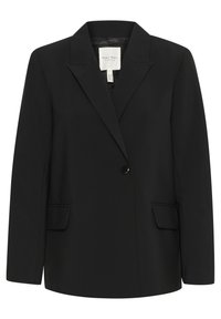 Čierny prispôsobený blazer s vystrihaným golierom, jedným gombíkom na zapínanie, dvoma prednými vreckami a hladkou textúrou. Viditeľná podšívka.