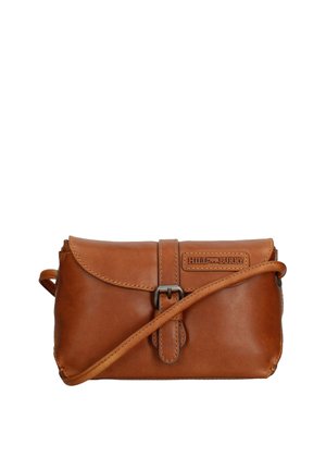 Brown leather crossbody bag with a rounded flap, metal buckle closure, embossed logo, and an adjustable strap. Smooth texture.