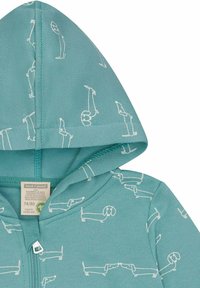 Felpa turchese in cotone biologico con stampa di bassotto bianca. Presenta una chiusura con zip e cappuccio foderato, texture morbida e design semplice.