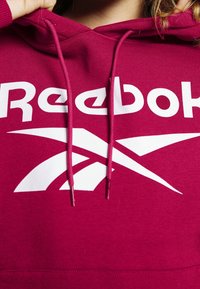 Kastanjebrun hoodie med vit "Reebok"-logotyp och grafik. Har dragsnören med metallspetsar, ribbade muddars och en mjuk textur.