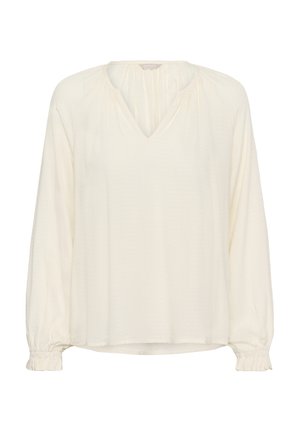 Bela bluzica z dolgimi rokavi z V-izrezom, elastičnimi manšetami in subtilnim teksturiranim vzorcem. Mehka, lahka tkanina z sproščenim krojem.
