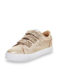 Gold metallic sneakers with three glittery Velcro straps, white sole, smooth texture, and perforated detailing on the side.