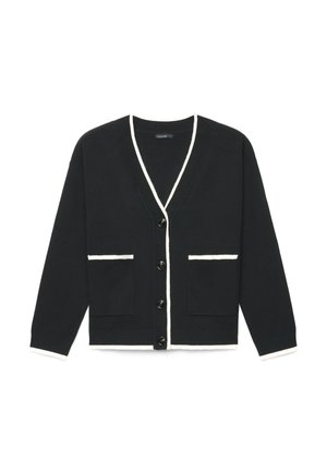 Cardigan nero con bottoni e rifinitura bianca lungo lo scollo, le tasche, i polsini e l'orlo. Due tasche frontali e cinque bottoni neri sul davanti.
