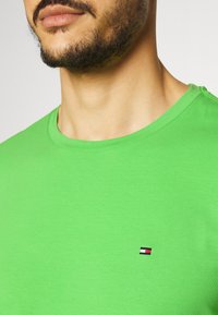 Vihreä puuvillapaita, jossa on pyöreä kaula-aukko. Oikeassa yläkulmassa on pieni punaisella, valkoisella ja sinisellä brodeerattu logo.