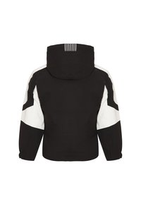 Mustat ja valkoiset takit, joissa on huppu, elastiset hihansuut ja erottuva geometrinen värilohko. Raidallinen korostus hupun takana.