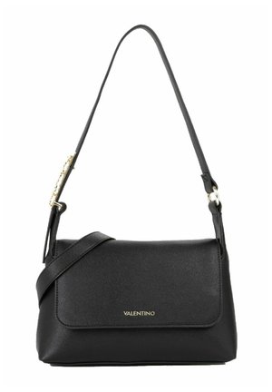 Borsa a tracolla nera Valentino in pelle con chiusura a patta e logo dorato sul davanti, dotata di tracolla regolabile e design minimalista.
