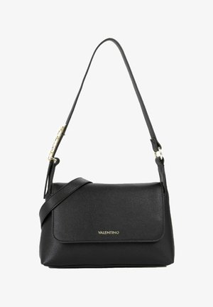 Borsa a tracolla nera Valentino in pelle con chiusura a patta e logo dorato sul davanti, dotata di tracolla regolabile e design minimalista.