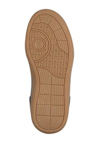 Suola in gomma con un motivo marrone testurizzato caratterizzato da forme geometriche e accenti circolari, progettata per aderenza e trazione.