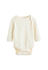Långärmad babymössdräkt i mjukt gräddfärgat tyg, med små gröna regnbågsmönster, rund halsringning och tryckknappar i botten.