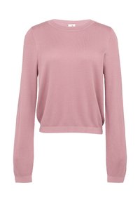 Lichtroze long-sleeve trui met een gestructureerd, honingraatbreisel. Beschikt over een ronde hals en ribgebreide manchetten en zoom.