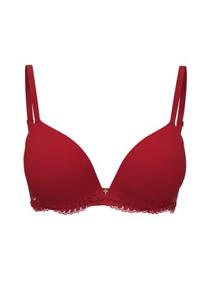 Roter Bügel-BH mit glatten Cups, verstellbaren Trägern und Spitzenbesatz am unteren Rand. Verfügt über einen kleinen dekorativen Akzent in der Mitte.