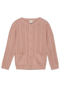 Lys rosa cardigan med rund hals, knappeåpning, vertikale striper, øyeleting og to frontlommer.