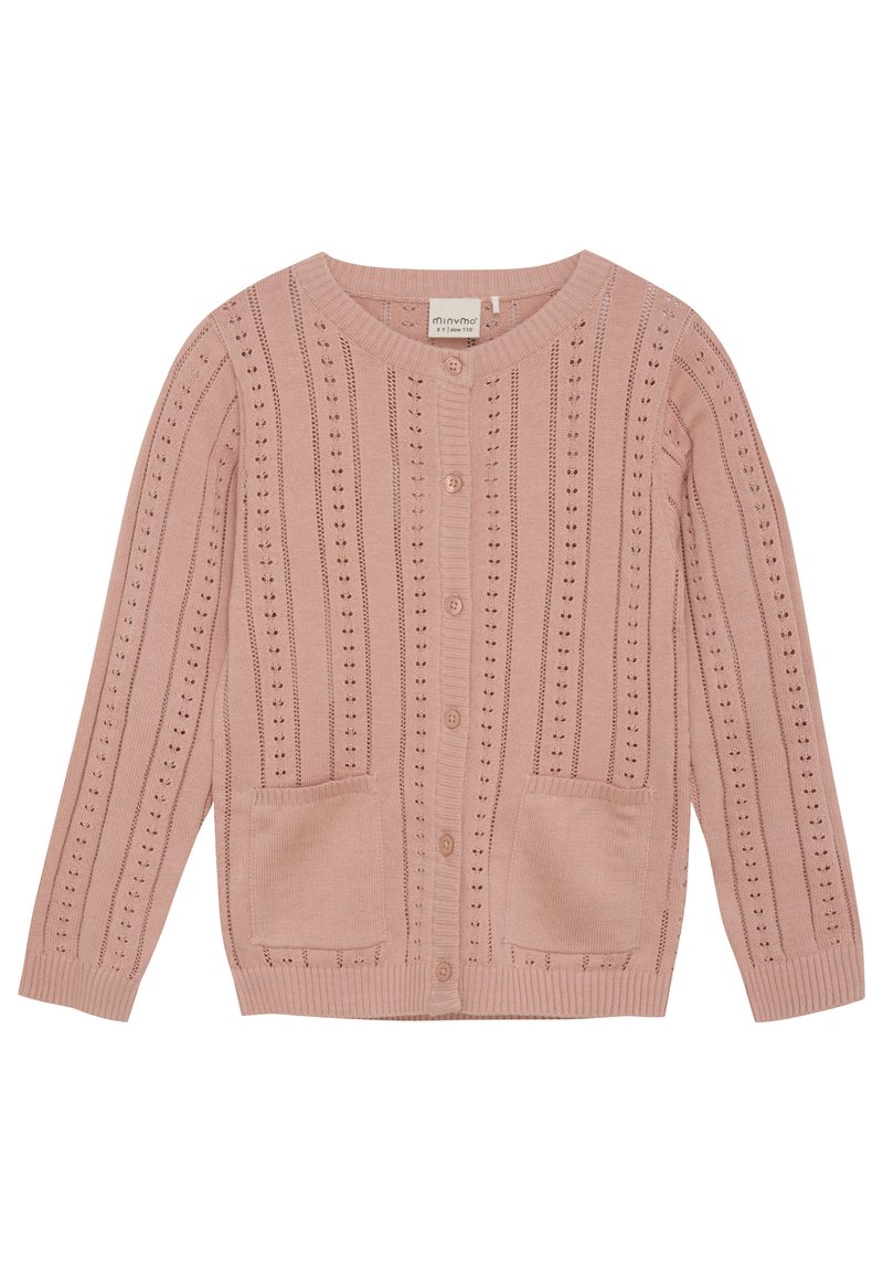 Lys rosa cardigan med rund hals, knappeåpning, vertikale striper, øyeleting og to frontlommer.
