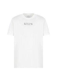 Weißes T-Shirt mit kurzen Ärmeln aus Baumwolle, mit einem schwarzen Grafikdruck, der "19 ARMANI EXCHANGE" und "91" zentriert auf der Brust zeigt.