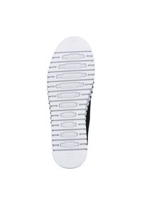 Zwarte sneakerzool met witte rubberen profiel, voorzien van geribbelde patronen voor grip. Maat aangeduid als 37 op de hiel.