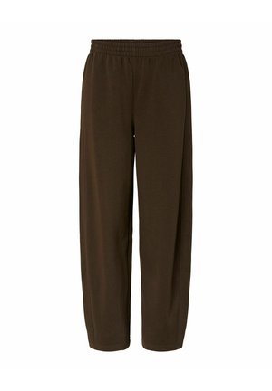 Pantalon marron ample avec taille élastique et poches latérales, fabriqué en tissu doux et confortable.