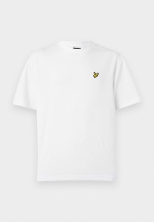 White cotton t-shirt featuring short sleeves, a round neck, and a small yellow embroidered logo on the left chest. Smooth texture.