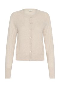 Cárdigan beige, textura de punto, mangas largas, cuello redondo, cierre frontal con seis botones, puños y dobladillo acanalados.