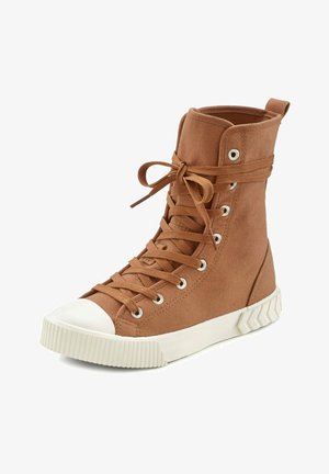 Brown high-top sneaker made of canvas with a textured finish, featuring white rubber toe cap, eyelets, and ribbed white sole.