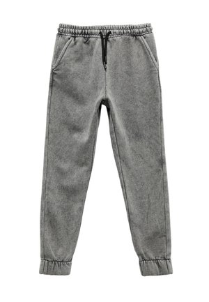 Pantalons de survêtement gris avec une texture douce, taille élastique, cordon de serrage et poignets froncés. Comprend des poches latérales pour une fonctionnalité supplémentaire.