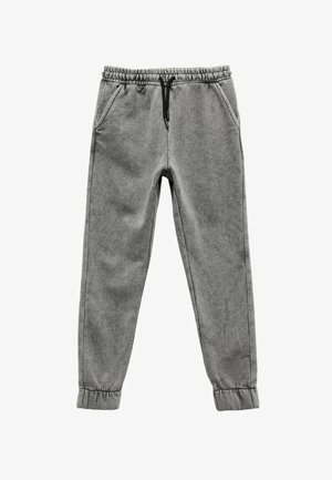 Graue Jogginghose mit weicher Textur, elastischem Bund, Kordelzug und gerafften Bündchen. Verfügt über Seitentaschen für zusätzlichen Nutzen.