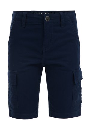 Mørkeblå cargoshorts med sidelommer med klap, bæltestropper og knaplukning ved taljen.