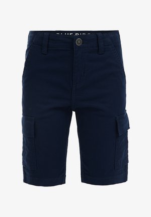 Granatowe szorty cargo z bocznymi kieszeniami na patki, szlufkami na pasek i zapięciem na guzik w talii.