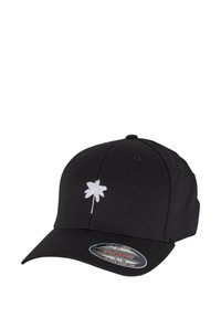 Black cotton cap with a curved brim and white embroidered palm tree design on the front. Features a Flexfit tag for size adjustment.