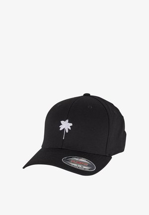 Black cotton cap with a curved brim and white embroidered palm tree design on the front. Features a Flexfit tag for size adjustment.