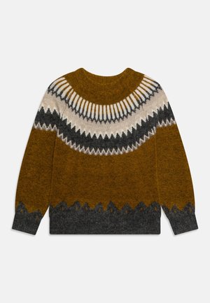 Suéter de punto con cuello redondo, con un patrón de gris oscuro, crema y amarillo mostaza. Hilo texturizado con dobladillo en zigzag.