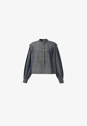 Dunkelgraue Bluse mit langen Ärmeln, hohem Kragen, Knopfleiste mit sechs Knöpfen, plissierten Schultern und Ärmel mit Manschetten.