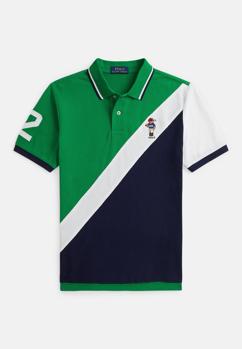 Zelená polokošeľa s bielymi a námorníckymi diagonálnymi pruhmi, s malým vyšívaným logom a číslom 2 na rukáve.