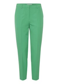 Green tailored trousers with a straight leg design, flat front, and two side pockets, made from smooth fabric with a slight sheen.