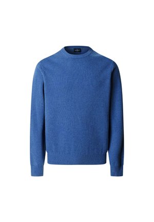 Suéter azul de punto con un escote redondo, mangas largas y dobladillo acanalado. Textura suave, color uniforme, sin patrones ni elementos metálicos visibles.