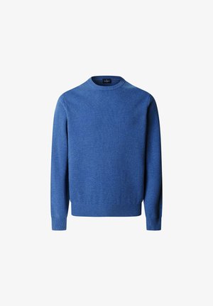 Suéter azul de punto con un escote redondo, mangas largas y dobladillo acanalado. Textura suave, color uniforme, sin patrones ni elementos metálicos visibles.