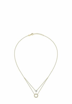 Guld-tone lagd kæde med to kæder; den ene har en cirkulæraccent, mens den anden har en lille, rund ædelsten. Simpel lukning med clasp.