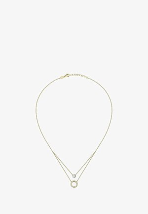Guld-tone lagd kæde med to kæder; den ene har en cirkulæraccent, mens den anden har en lille, rund ædelsten. Simpel lukning med clasp.