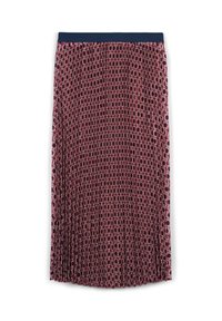 Jupe midi plissée rouge avec motifs circulaires blancs et bleu marine ; taille élastique ; tissu léger ; texture lisse.