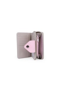 Light gray wallet with a pink snap closure, multiple card slots, and a zippered pocket featuring a zigzag pattern inside.