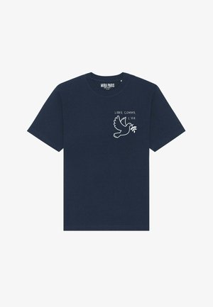 Camiseta de algodón azul marino con mangas cortas, cuello redondo y un gráfico blanco de una paloma con una rama de olivo y el texto "LIBRE COMME L'AIR."
