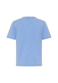 Svetlomodré bavlnené tričko s krátkymi rukávmi, okrúhlym výstrihom a hladkou textúrou. Na zadnej strane žiadne vzory ani ozdoby.