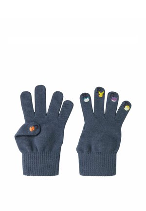 Pair of dark gray knit gloves with small colorful cartoon character patches on each fingertip, including Pikachu and others.