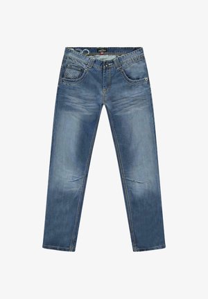 Blauwe spijkerbroeken van denim hebben een recht broekspijpontwerp, vijf zakken en stikselaccenten. De stof heeft een vervaagde wassing en een gladde textuur.