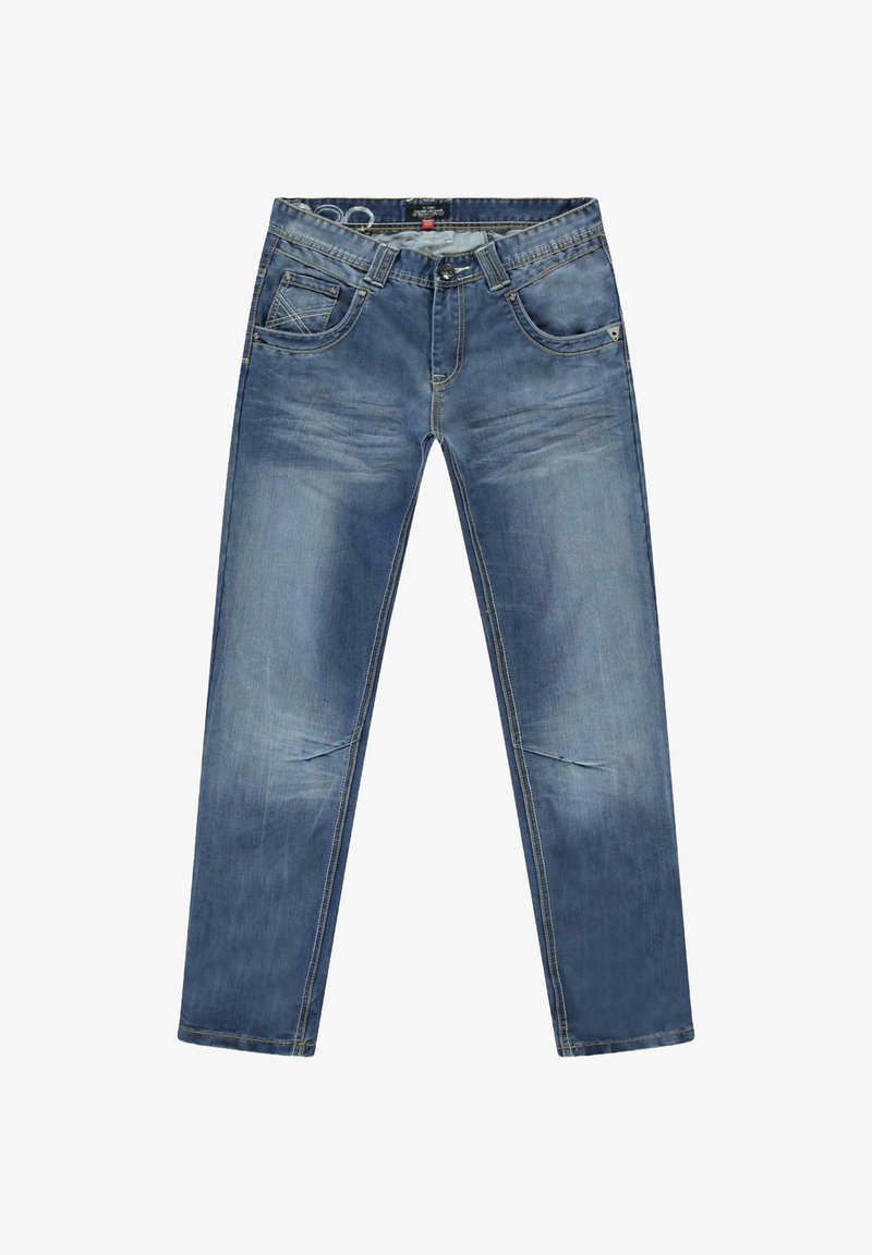Blauwe spijkerbroeken van denim hebben een recht broekspijpontwerp, vijf zakken en stikselaccenten. De stof heeft een vervaagde wassing en een gladde textuur.