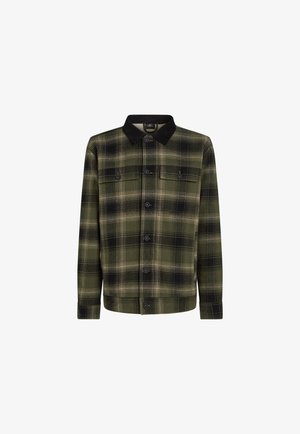 Zeleni kariran flanelasti srajc s črnim žametnim ovratnikom, dvema žepoma na prsih in gumbom spredaj; mehak tekstur in prilegajoč kroj.