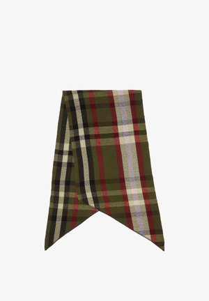 Wollen geruite sjaal met groene, rode, zwarte en witte patronen. Taperende uiteinden met een zachte textuur en franjes aan de randen.