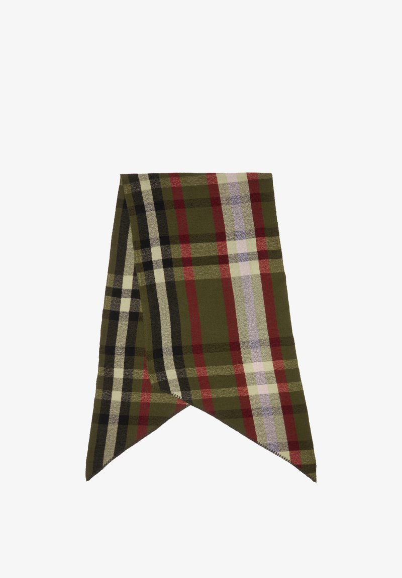 Écharpe en plaid en laine présentant des motifs verts, rouges, noirs et blancs. Extrémités effilées avec une texture douce et un détail de bord frangé.