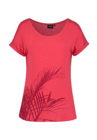 Korte mouwen, ronde hals, roze t-shirt gemaakt van zachte stof, met een donkerroze palmbladprint op de voorkant voor extra ontwerpdetaillering.